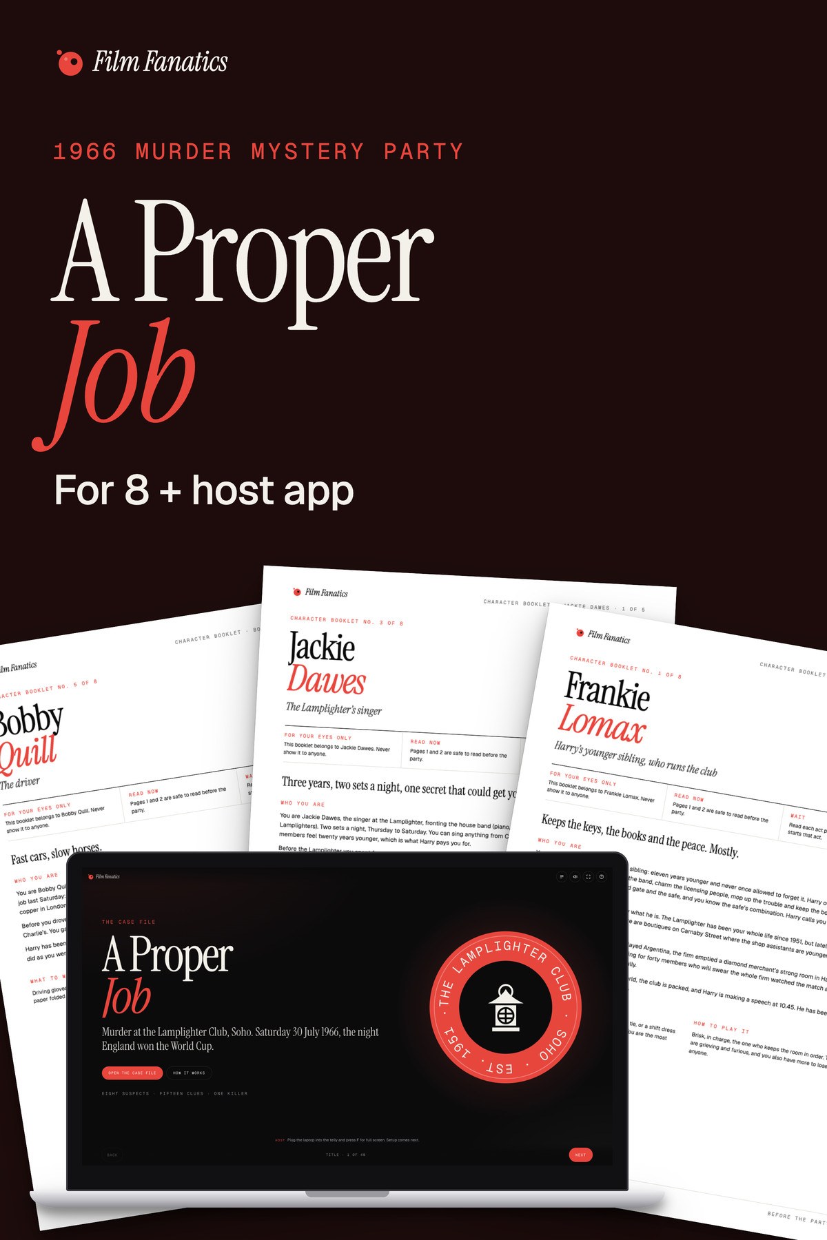 A Proper Job, Murder at the Lamplighter: a 1966 murder mystery party for 8