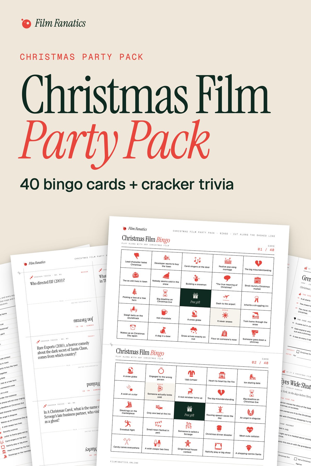 Christmas Film Party Pack, Bingo, cracker trivia and “Is it a Christmas film?” cards