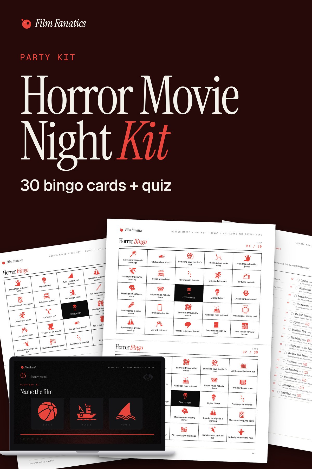 Horror Movie Night Kit, Quiz, bingo, sweepstake and 31 nights of horror